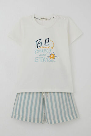 Breeze Erkek Bebek Şortlu Takım Motivasyon Temalı Bağcık Aksesuarlı 9 Ay-3 Yaş, Ekru