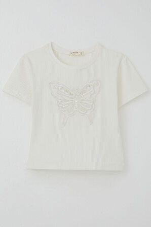 Breeze Kız Çocuk Tişört Kelebek Armalı İnci & Pul Detaylı 9-14 Yaş, Ekru