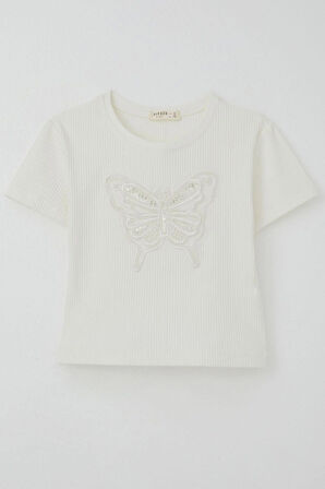 Breeze Kız Çocuk Tişört Kelebek Armalı İnci & Pul Detaylı 9-14 Yaş, Ekru