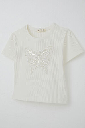 Breeze Kız Çocuk Tişört Kelebek Armalı İnci & Pul Detaylı 9-14 Yaş, Ekru