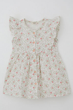 Breeze Kız Çocuk Elbise Çiçek Desenli Önden Düğme Detaylı 2-6 Yaş, Ekru