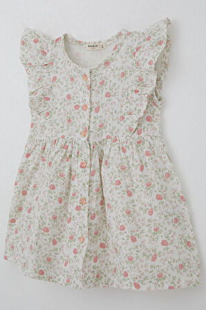 Breeze Kız Çocuk Elbise Çiçek Desenli Önden Düğme Detaylı 2-6 Yaş, Ekru