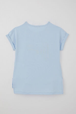 Breeze Kız Çocuk Tişört Kabartma Yazı Baskılı Yırtmaçlı 10-16 Yaş, Açık Mavi