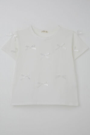 Breeze Kız Çocuk Tişört Fiyonk Aksesuar Detaylı 9-14 Yaş, Ekru