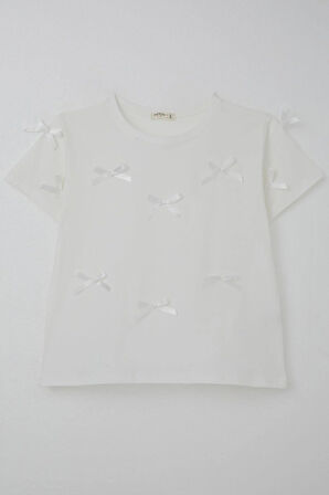 Breeze Kız Çocuk Tişört Fiyonk Aksesuar Detaylı 9-14 Yaş, Ekru