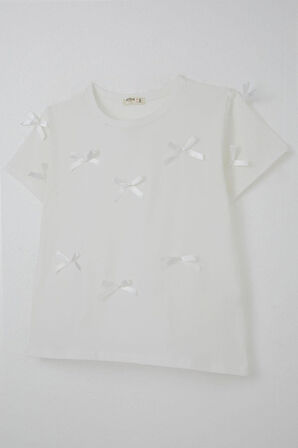 Breeze Kız Çocuk Tişört Fiyonk Aksesuar Detaylı 9-14 Yaş, Ekru