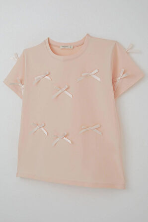 Breeze Kız Çocuk Tişört Fiyonk Aksesuar Detaylı 9-14 Yaş, Pudra