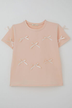 Breeze Kız Çocuk Tişört Fiyonk Aksesuar Detaylı 9-14 Yaş, Pudra