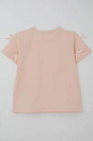 Breeze Kız Çocuk Tişört Fiyonk Aksesuar Detaylı 9-14 Yaş, Pudra