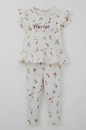 Breeze Kız Çocuk Taytlı Takım Çiçek Desenli Kolları Fırfır Detaylı 2-6 Yaş, Ekru