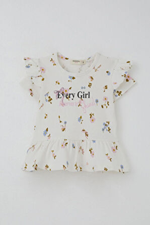 Breeze Kız Çocuk Taytlı Takım Çiçek Desenli Kolları Fırfır Detaylı 2-6 Yaş, Ekru