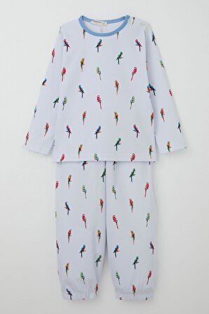 Breeze Erkek Çocuk Pijama Takımı Renkli Papağan Desenli 1-3 Yaş, Buz Mavisi