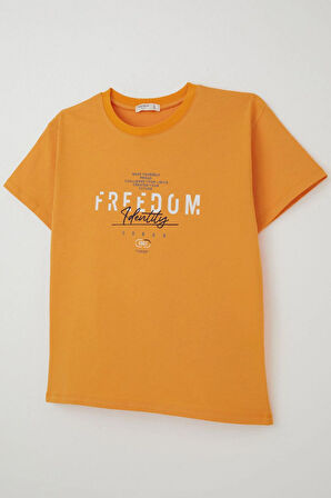 Breeze Erkek Çocuk Tişört Yazı Bakılı 5-10 Yaş, Hardal Sarı