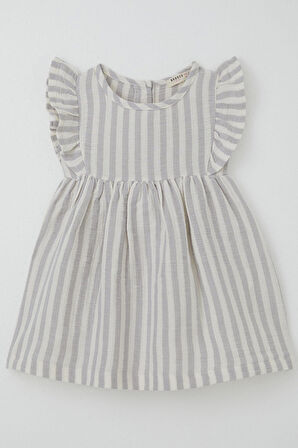 Breeze Kız Çocuk Elbise Arkası Düğme Detaylı Kol Kısmı Fırfırlı 3-8 Yaş, Ekru