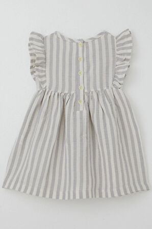 Breeze Kız Çocuk Elbise Arkası Düğme Detaylı Kol Kısmı Fırfırlı 3-8 Yaş, Ekru