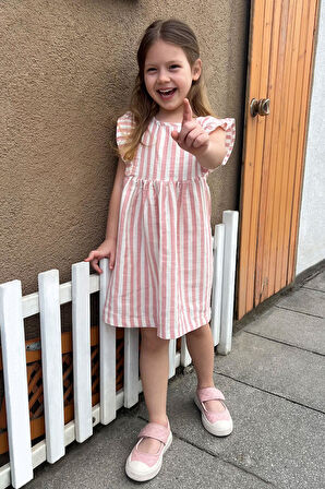 Breeze Kız Çocuk Elbise Arkası Düğme Detaylı Kol Kısmı Fırfırlı 3-8 Yaş, Ekru