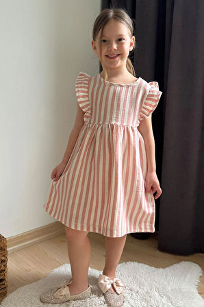 Breeze Kız Çocuk Elbise Arkası Düğme Detaylı Kol Kısmı Fırfırlı 3-8 Yaş, Ekru