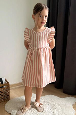 Breeze Kız Çocuk Elbise Arkası Düğme Detaylı Kol Kısmı Fırfırlı 3-8 Yaş, Ekru