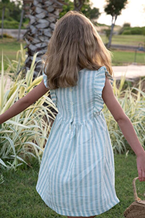 Breeze Kız Çocuk Elbise Arkası Düğme Detaylı Kol Kısmı Fırfırlı 3-8 Yaş, Ekru