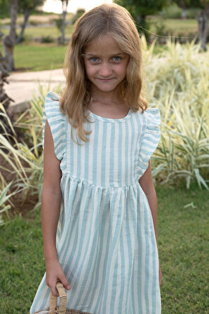 Breeze Kız Çocuk Elbise Arkası Düğme Detaylı Kol Kısmı Fırfırlı 3-8 Yaş, Ekru