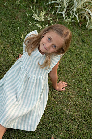 Breeze Kız Çocuk Elbise Arkası Düğme Detaylı Kol Kısmı Fırfırlı 3-8 Yaş, Ekru