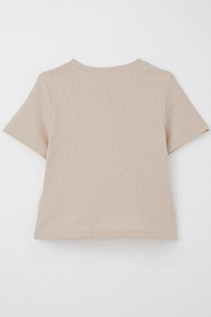 Breeze Kız Çocuk Tişört Kalp Nakış Detaylı 9-14 Yaş, Bej