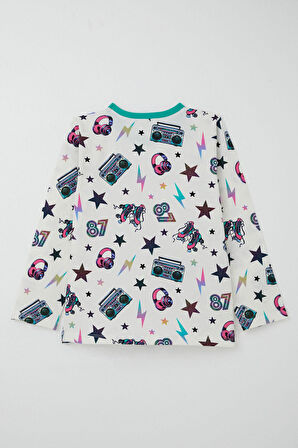 Breeze Kız Çocuk Pijama Takımı Müzik Temalı Yıldız Desenli 4-8 Yaş, Ekru
