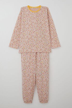Breeze Kız Çocuk Pijama Takımı Renkli Minik Çiçek Desenli 4-8 Yaş, Pudra