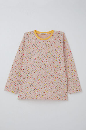 Breeze Kız Çocuk Pijama Takımı Renkli Minik Çiçek Desenli 4-8 Yaş, Pudra