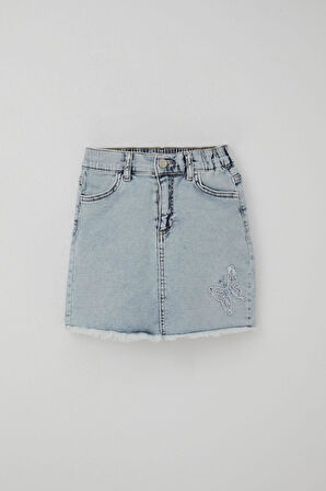 Breeze Kız Çocuk Jean Etek Kelebek Nakışlı Düğme Detaylı 6-10 Yaş, Açık Mavi