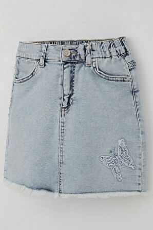 Breeze Kız Çocuk Jean Etek Kelebek Nakışlı Düğme Detaylı 6-10 Yaş, Açık Mavi