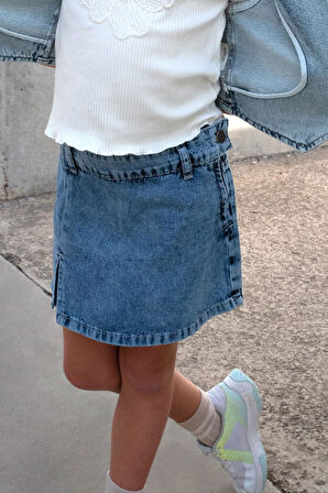 Breeze Kız Çocuk Jean Şort Etek Cepli Düğme Detaylı 5-10 Yaş, Mavi