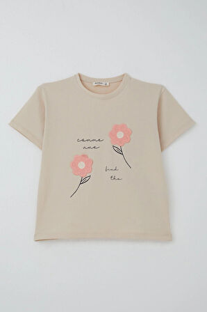 Breeze Kız Çocuk Şortlu Takım Örgü Çiçek İşlemeli 6-12 Yaş, Bej