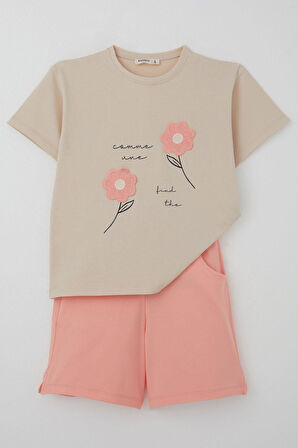 Breeze Kız Çocuk Şortlu Takım Örgü Çiçek İşlemeli 6-12 Yaş, Bej