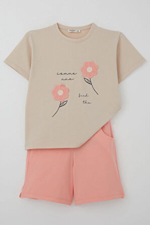Breeze Kız Çocuk Şortlu Takım Örgü Çiçek İşlemeli 6-12 Yaş, Bej