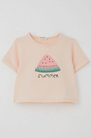 Breeze Kız Çocuk Şortlu Takım Yaz Temalı Karpuz Dilimi Baskılı 3-8 Yaş, Pudra
