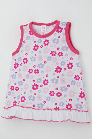 Breeze Kız Bebek Elbise Renkli Çiçek Desenli Etek Kısmı Fırfır Detaylı 0-6 Ay, Beyaz