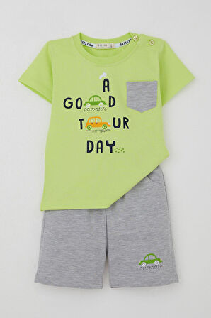 Breeze Erkek Çocuk Şortlu Takım Araba Baskılı Cep Detaylı 1.5-5 Yaş, Fıstık Yeşili