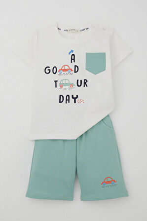 Breeze Erkek Çocuk Şortlu Takım Araba Baskılı Cep Detaylı 1.5-5 Yaş, Ekru
