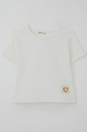 Breeze Kız Çocuk Tişört Kalp Armalı 9-14 Yaş, Ekru