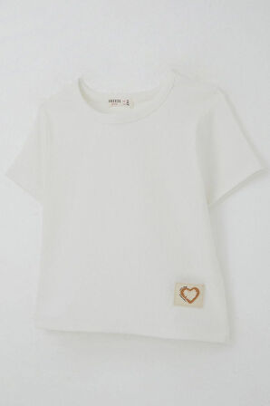 Breeze Kız Çocuk Tişört Kalp Armalı 9-14 Yaş, Ekru