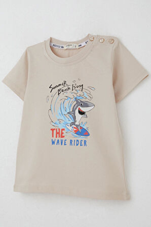 Breeze Erkek Çocuk Tişört Sörfçü Sevimli Köpek Balığı Baskılı 1.5-5 Yaş, Bej