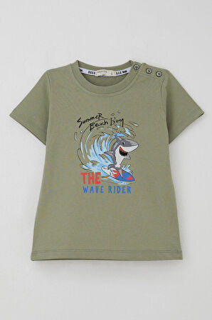 Breeze Erkek Çocuk Tişört Sörfçü Sevimli Köpek Balığı Baskılı 1.5-5 Yaş, Haki Yeşil