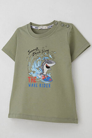 Breeze Erkek Çocuk Tişört Sörfçü Sevimli Köpek Balığı Baskılı 1.5-5 Yaş, Haki Yeşil