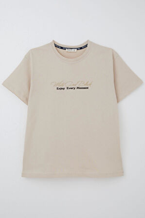 Breeze Erkek Çocuk Tişört Kabartma Yazı Baskılı 9-14 Yaş, Bej