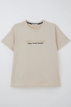 Breeze Erkek Çocuk Tişört Kabartma Yazı Baskılı 9-14 Yaş, Bej