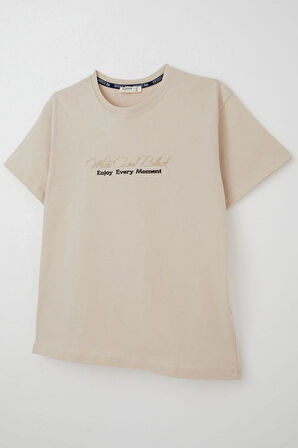 Breeze Erkek Çocuk Tişört Kabartma Yazı Baskılı 9-14 Yaş, Bej