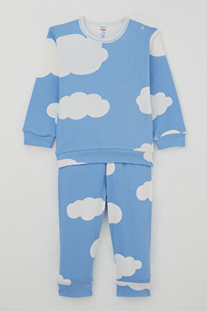 Breeze Erkek Bebek Pijama Takımı Omuzdan Patlı Bulut Desenli 4 Ay-1 Yaş, Mavi