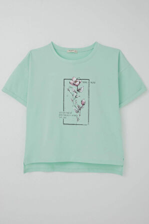 Breeze Kız Çocuk Tişört Taş Aksesuarlı Çiçek Baskılı 9-16 Yaş, Su Yeşili