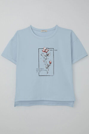 Breeze Kız Çocuk Tişört Taş Aksesuarlı Çiçek Baskılı 9-16 Yaş, Açık Mavi